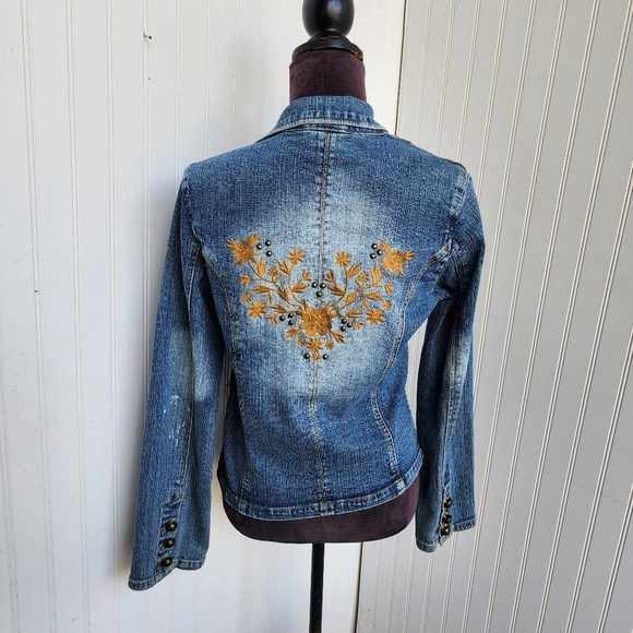 Faded Glory Blue and Orange Jean Jacket with Distressing and Floral Design - Picture 1 of 15
